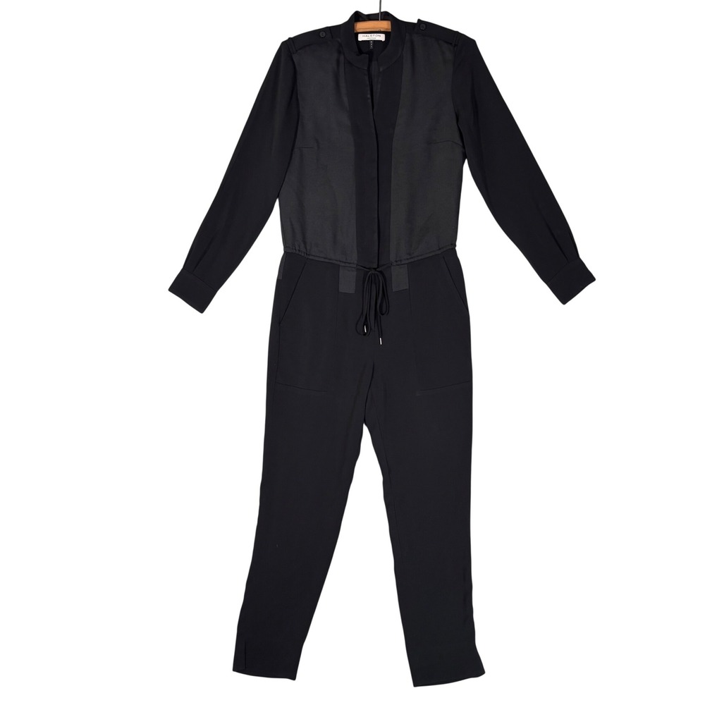 Halston Heritage Black Long Sleeve Drawstring Waist Jumpsuit Size 4 Minimalist